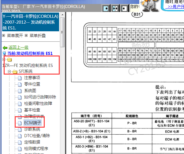 2007-2012年丰田卡罗拉发动机电脑针脚定义