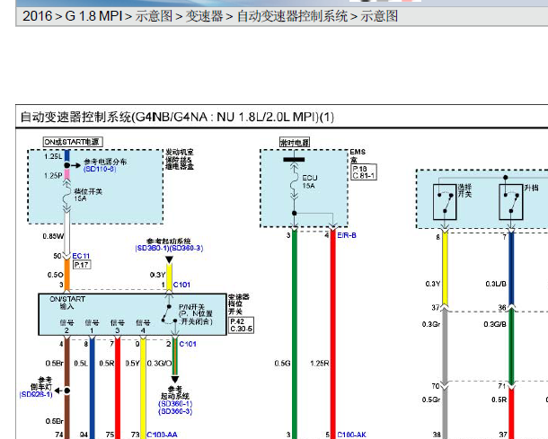2016年年现代名图变速箱电脑与挂档杆线路图