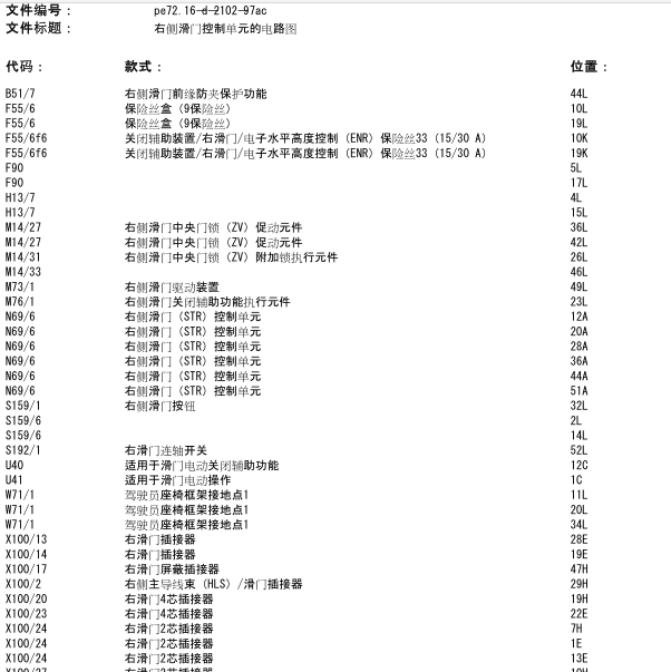 2015年奔驰凌特右后滑动门锁部分的电路图