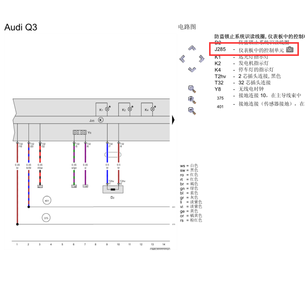 16年奥迪Q3的仪表电路图