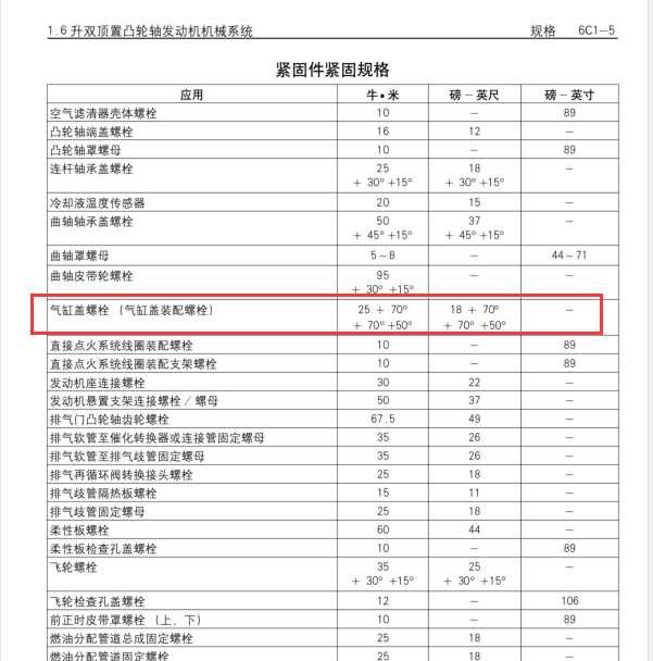 04年凯越气缸盖螺栓紧固标准