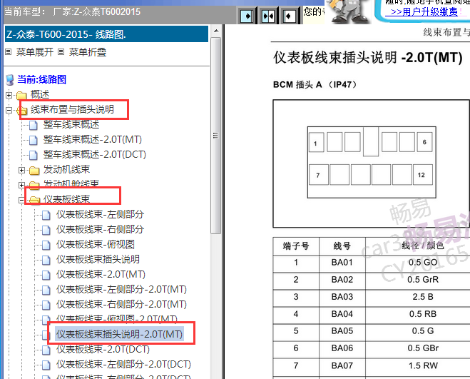 2015款众泰T600车身控制单元插头定义