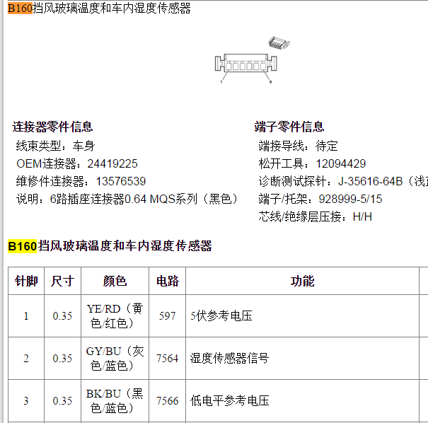 2014年别克君威B160挡风玻璃温度和车内湿度传感器端子图
