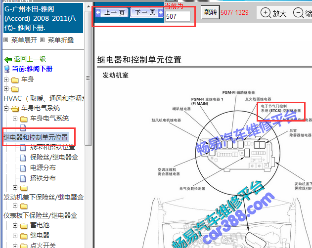 2008-2011年本田雅阁节气门ETCS继电器安装位置图