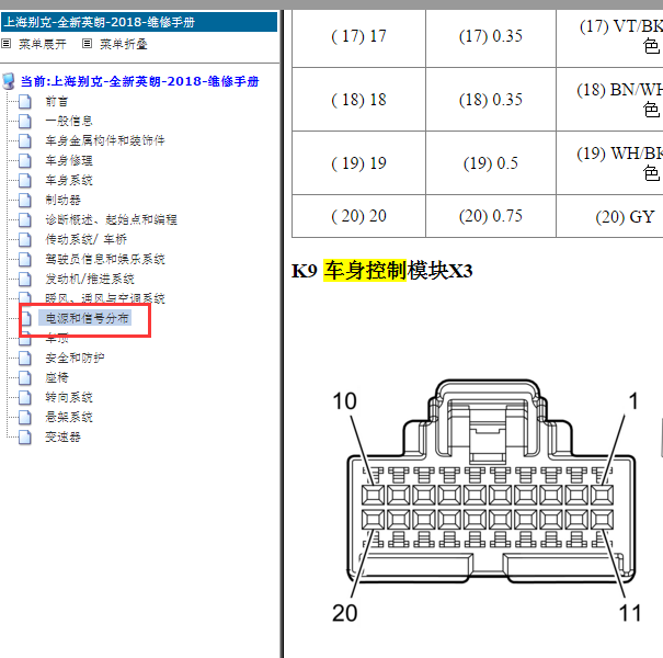 2018年别克英朗车身控制针脚资料