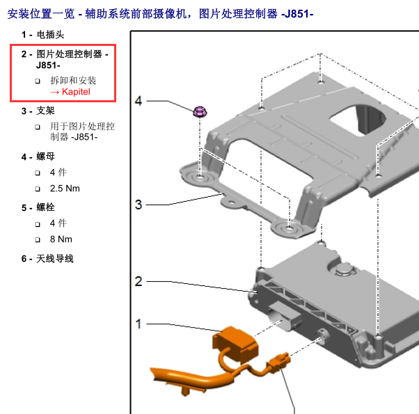 2012年奥迪A6J851图像处理控制单元安装