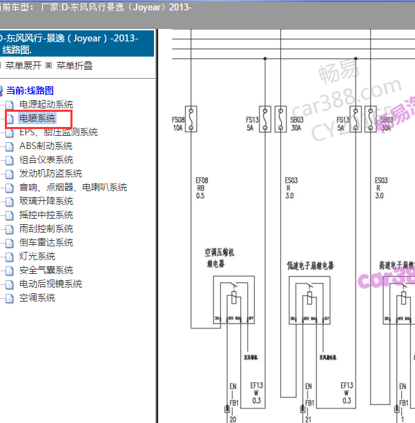 2013年东风风行景逸发动机冷却风扇电路图