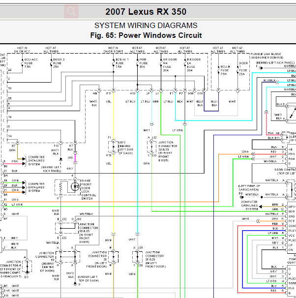 2007年雷克萨斯RX350车窗电路图.
