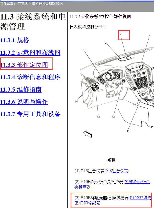 2014年凯迪拉克SRX光照传感器的位置图