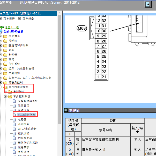 2012年日产阳光车身控制系统针脚.