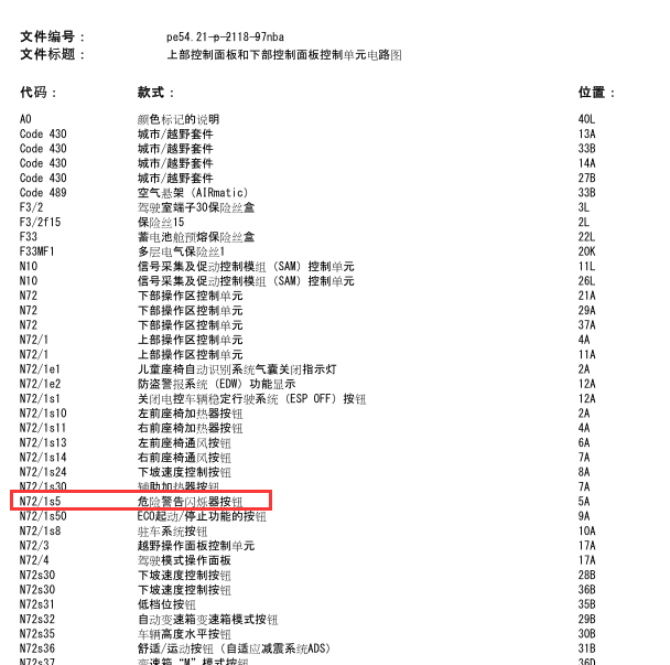 2012年奔驰ML350 n72/1S5危险警告灯的线路图