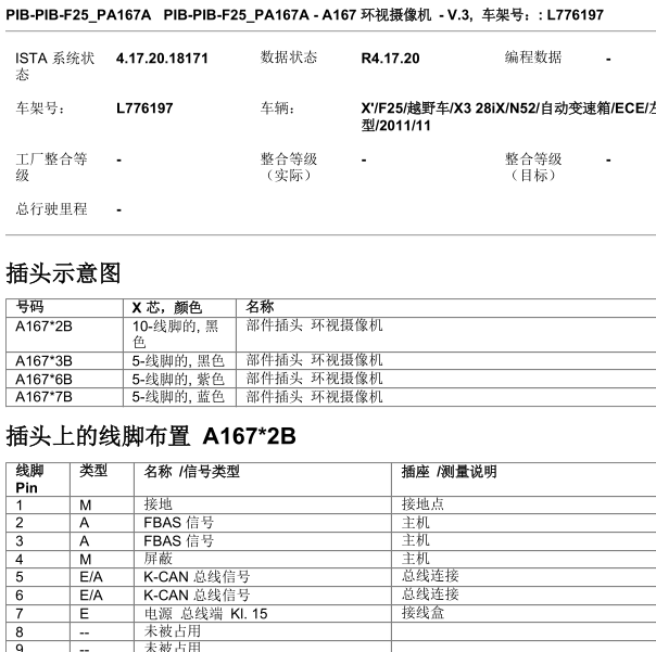 2011年宝马X3全景摄像机针脚