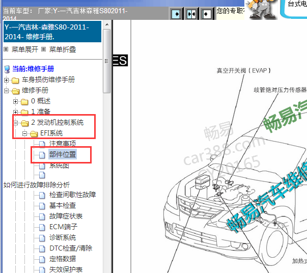 2011-2014年一汽森雅S80发动机部件位置