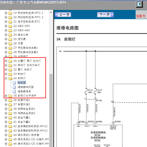 2013-2014年名爵3 车外灯电路图
