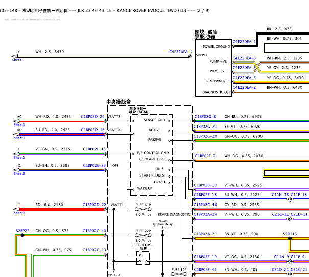 2017年路虎揽胜极光发动机电脑控制电路图 启动控制线路图
