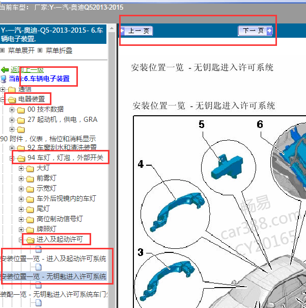 2013-2015年奥迪Q5的智能进入的许可天线位置图