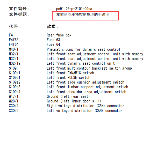 2001年奔驰S320驾驶员座椅电路图