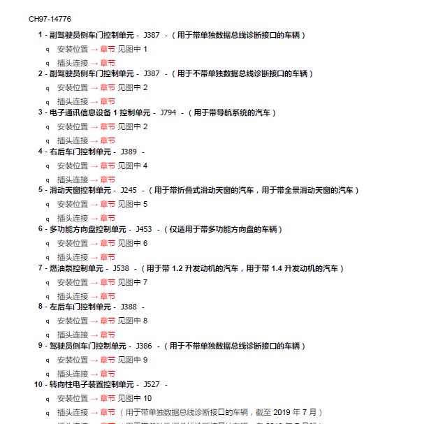 2019年大众朗逸全车模块位置.