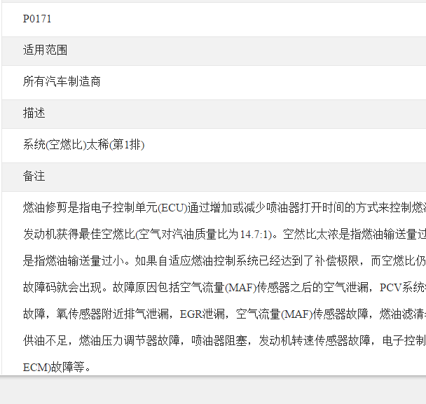 汽车通用P0171故障含义