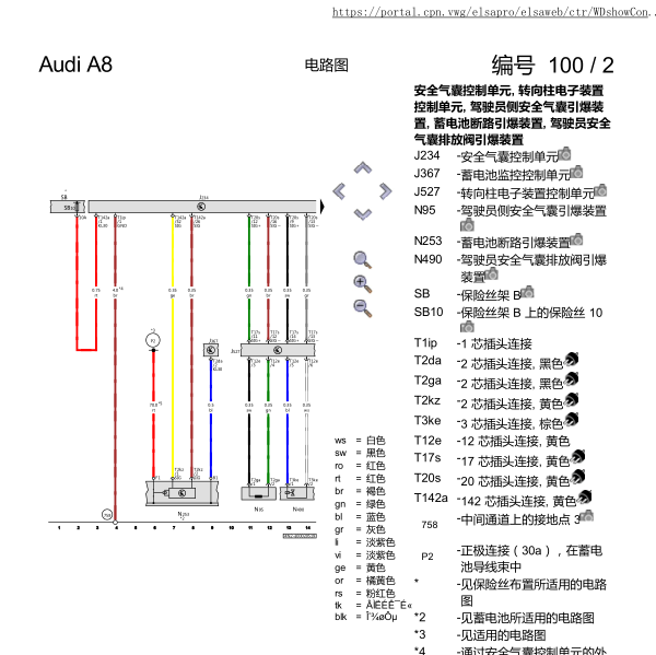 2019年奥迪A8L安全气囊电路图