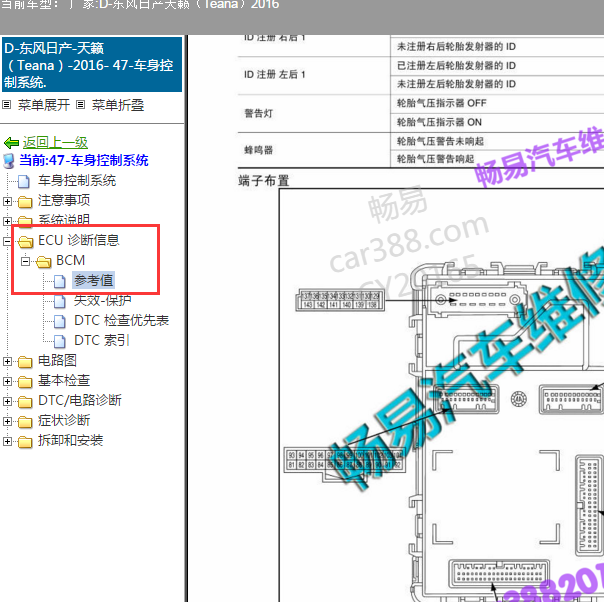 2016年日产天籁车身控制系统针脚资料