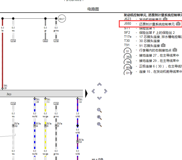 2011年奥迪Q7还原剂控制模块电路图和还原剂控制模块的位置