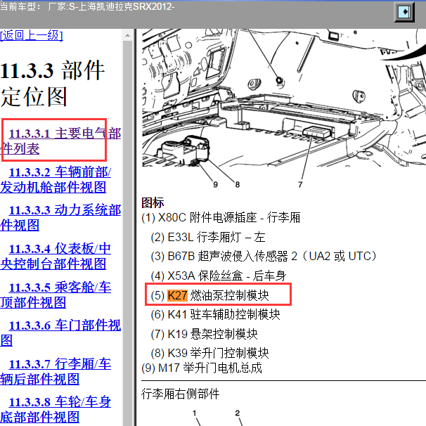 2012年凯迪拉克K27油泵模块位置