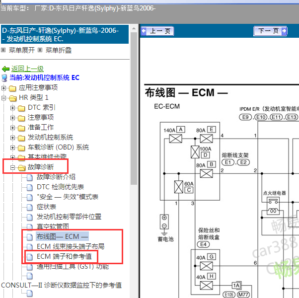 2006年东风日产蓝鸟 发动机电路图和针脚