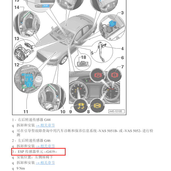 2013年奥迪A4 ESP 传感器单元安装位置图