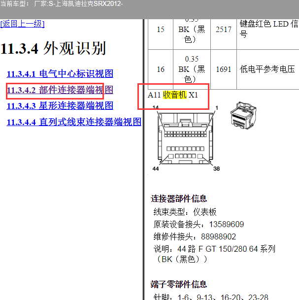 2012年凯迪拉克SRX 收音机针脚