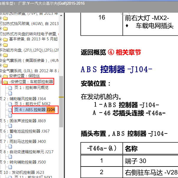 2016年高尔夫ABS针脚定义