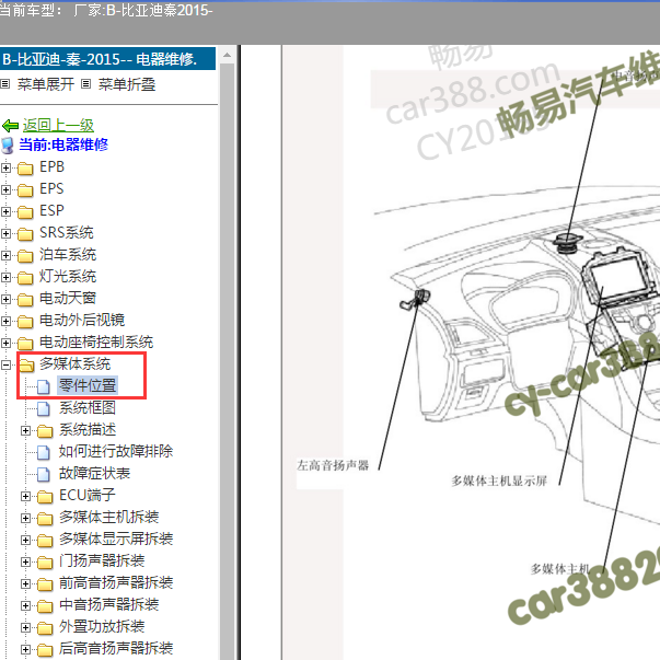 2015年比亚迪秦混动 多媒体系统部件位置