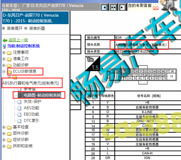2015年日产启辰T70ABS针脚图