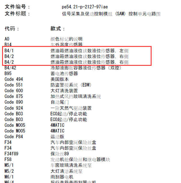 奔驰GLA200 燃油液位传感器电路图