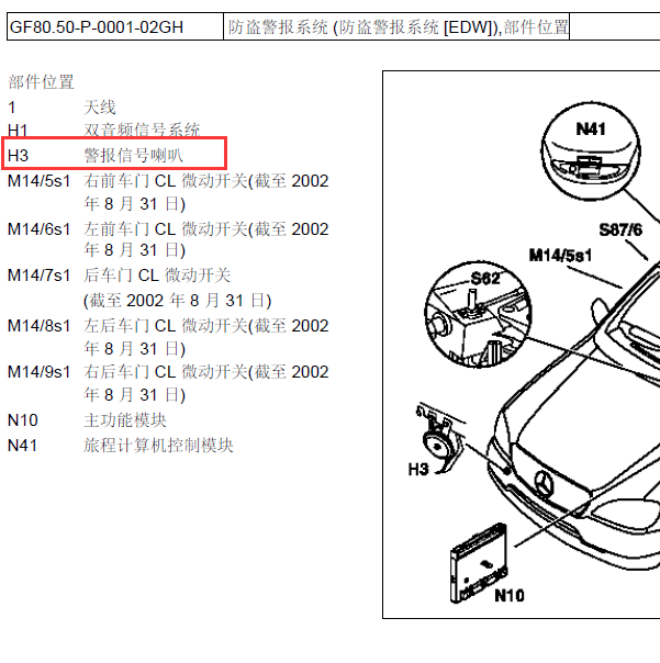 2005年奔驰ML350 报警喇叭位置