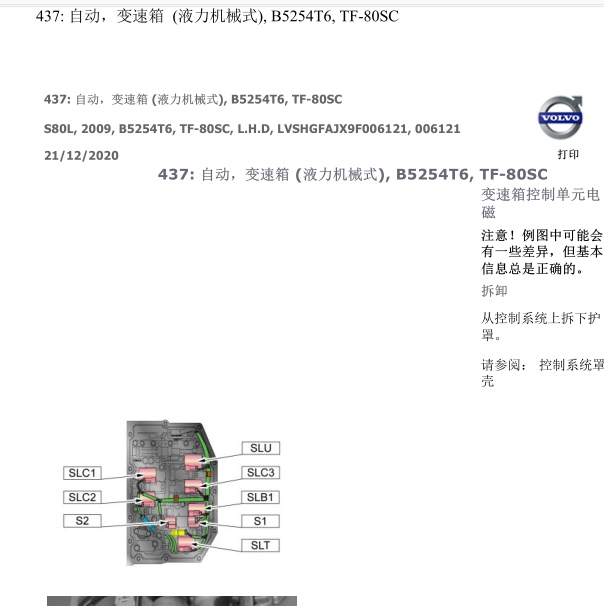 2009年沃尔沃S80速箱阀体电磁阀排列编号顺序图