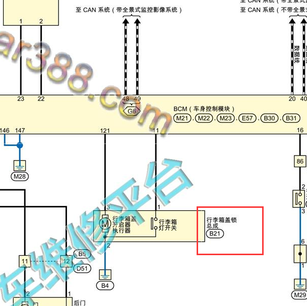 2019年日产天籁尾门锁电路图.