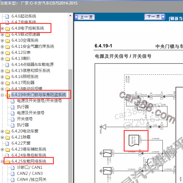 2015年长安CS75转向锁和CAN电路图.