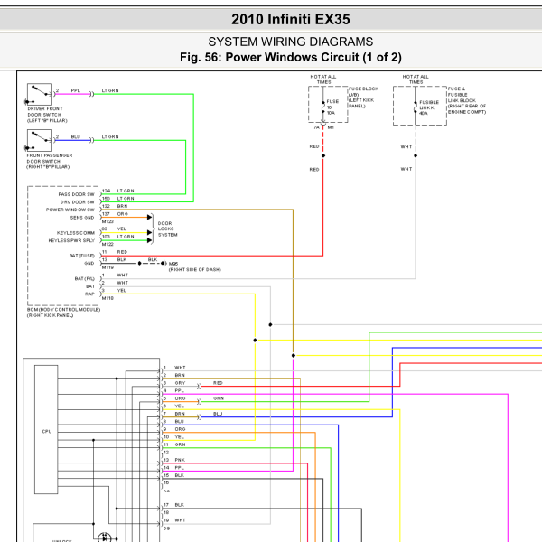 2010年英菲尼迪EX35四门玻璃升降控制线路图