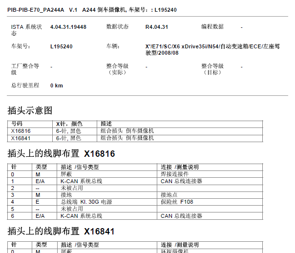 2008年宝马X6倒车影像针脚