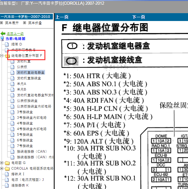 2007-2012年丰田卡罗拉花冠继电器分配