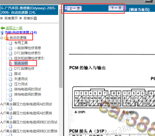 2005-2006年本田奥德赛的变速箱电脑针脚图和变速箱电路图