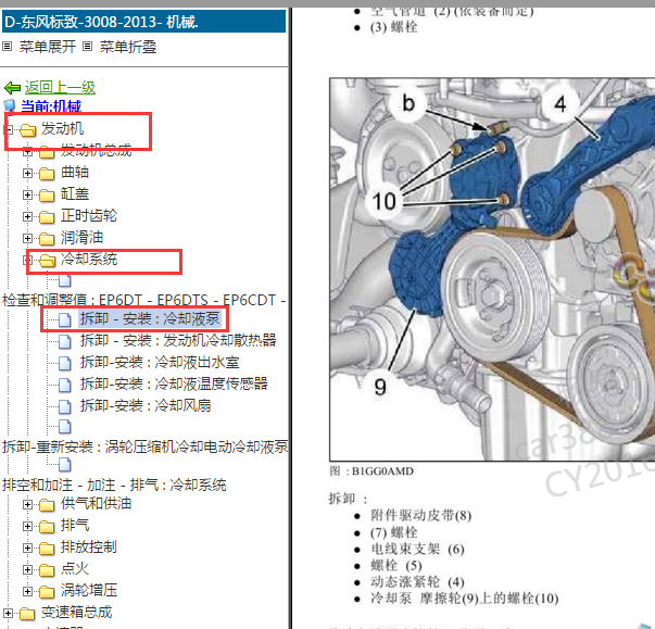 2013年标致3008发动机冷却液泵位置图