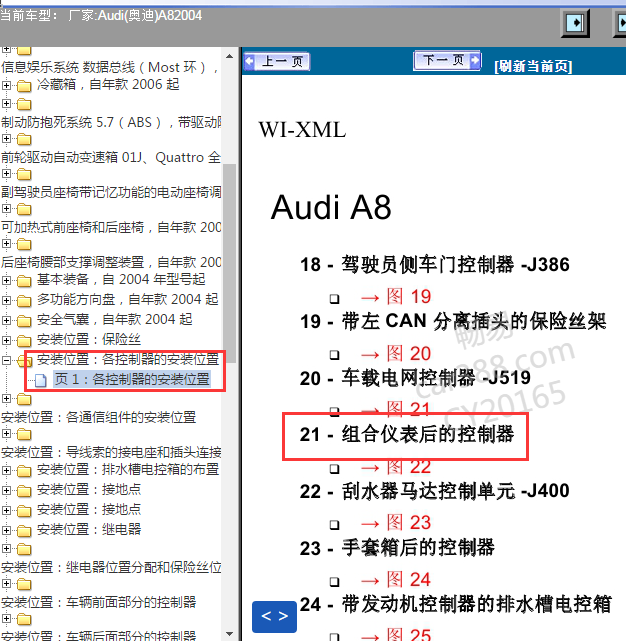 2004年奥迪A8组合仪表控制单元位置