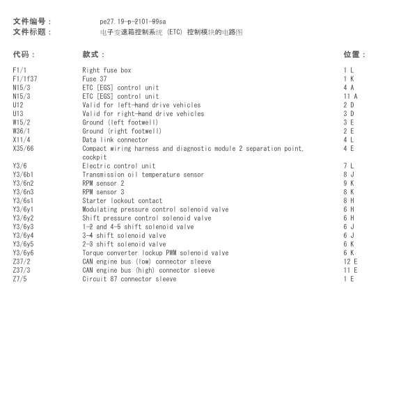 2001年奔驰S280变速箱电路图