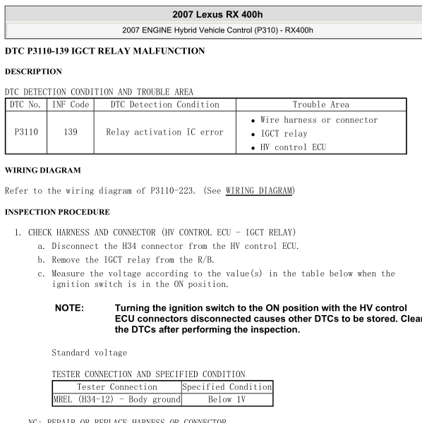 2007年雷克萨斯RX400H P3110故障码