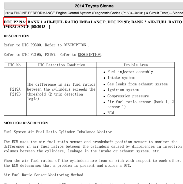 2014年丰田塞纳故障码P219A解析