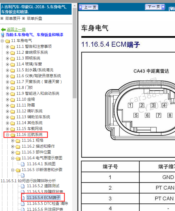 18年帝豪GL巡航雷达针脚资料