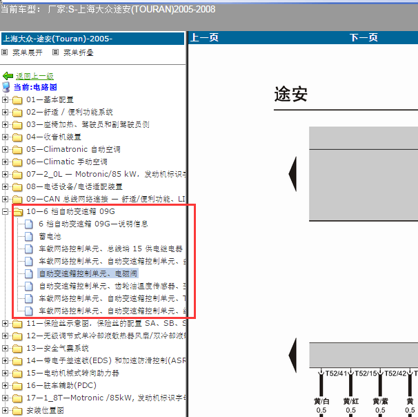 2005-2008年大众途安 09G 变速箱电路图