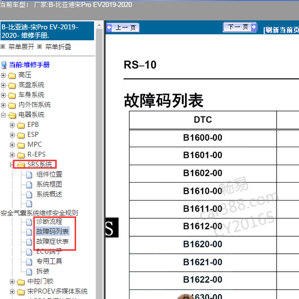 2020年比亚迪宋PRO EV气囊故障码资料